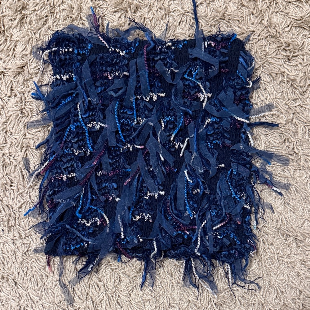La’ Ros Blue Multi-Texture Fringe Tassel Mini Skirt or Tube Top - M